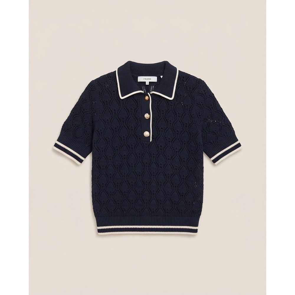 FRAME The Rookie Polo Navy Blue Pointelle Knit Gold Button Top XS